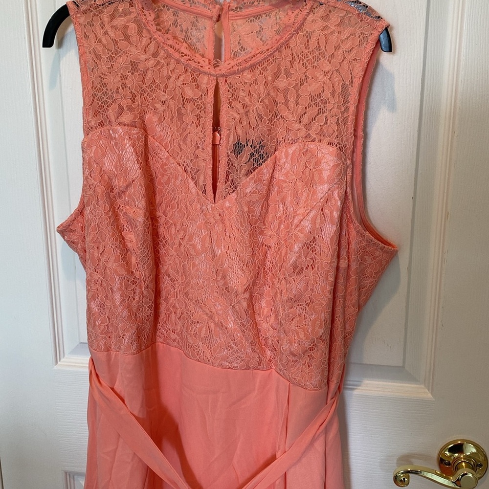 City Chic peach Lace Bodice Hi Lo lover belted Dress Sz 16 New - Picture 3 of 4